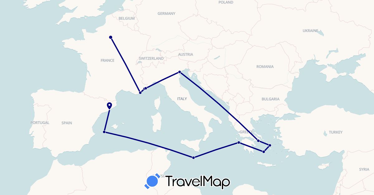 TravelMap itinerary: driving in Spain, France, Greece, Italy, Monaco, Malta (Europe)